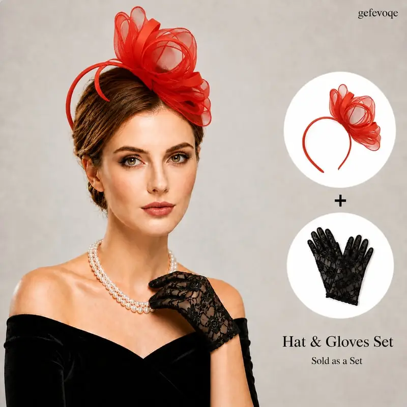 

2Pcs Womens Fascinator Headband Lace Gloves Set for Tea Party Derby Wedding