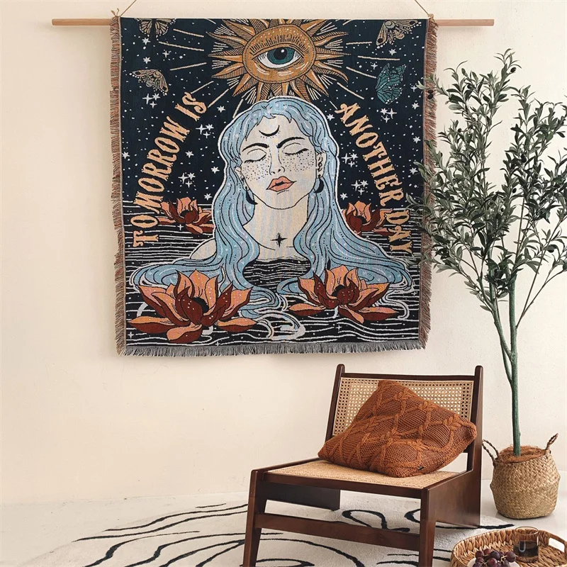 Woven Throw Blankets Goddess with Sun Boho Home Decor Tapestry with Fringe Bohemian Bedding Sofa Chair Cover Carpet Rug Tassel