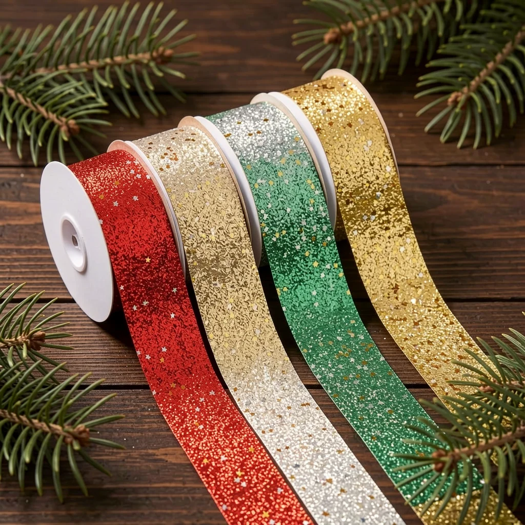 10yards 2.5/4/6.3cm Sparkly Star Glitter Sequined Christmas Ribbon Diy Holiday Flower Bouquet Gifts Wrapping Bows Craft Decor