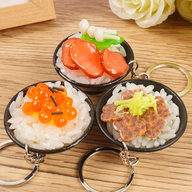 Simulated Noodles Rice Keychain Creative Prawn noodles Food Model Keyring Fun beef Sausage Caviar rice Pendant Ornaments Gift