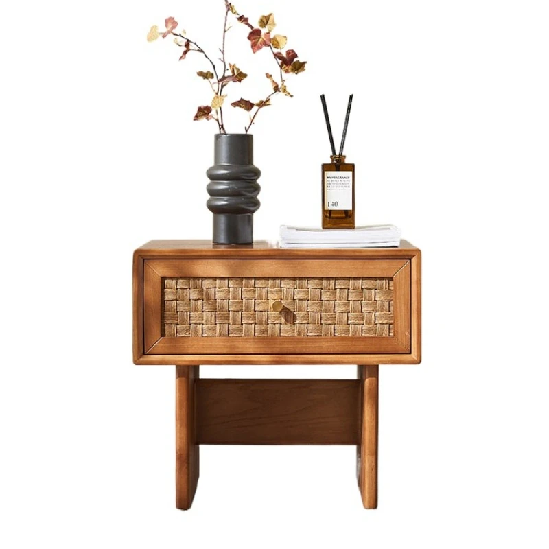 

wabi-sabi wind solid wood rattan bedside small cabinet, homestay furniture retro style bedroom simple storage cabinet