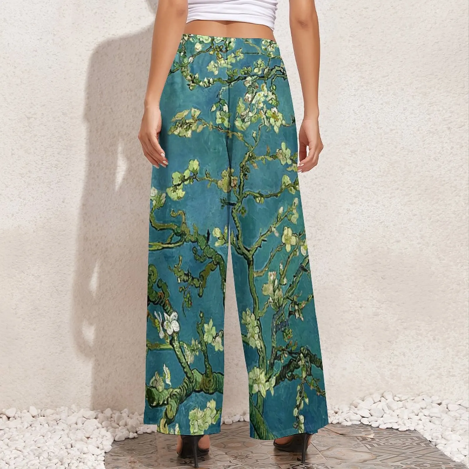 Floral Print Art Pants Van Gogh Almond Blossoms Office Wide Pants Female Oversized Beach Printed Straight Trousers