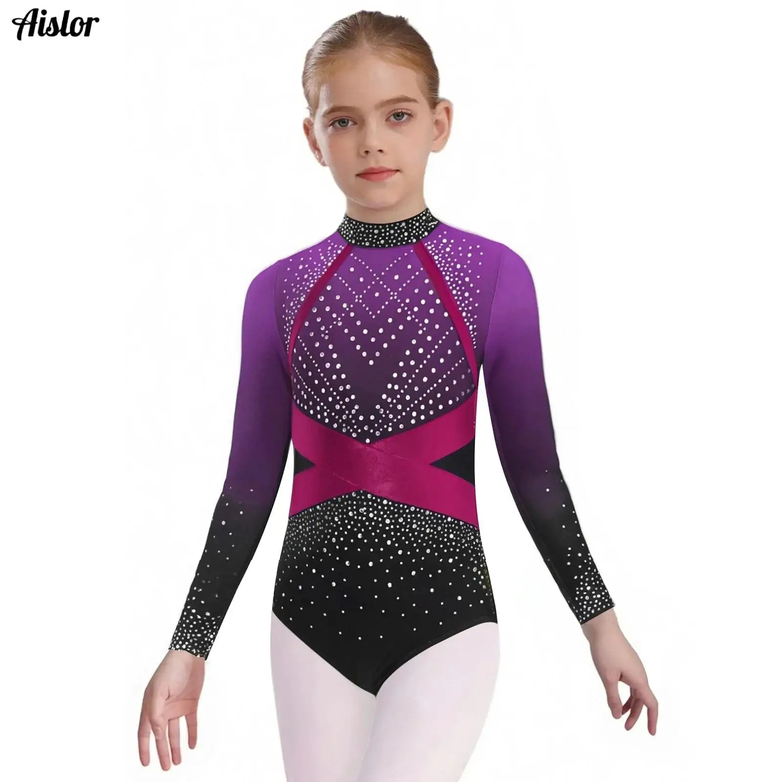 

3Pcs Kids Girls Gymnastics Figure Skating Dance Outfit Long Sleeve Mock Neck Rhinestone Color Block Leotard+Vest+Leggings Set