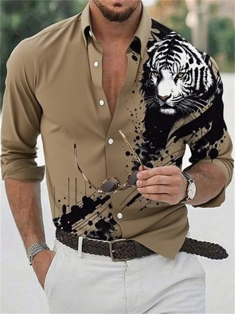 Camisa de manga larga con estampado 3D de tigre informal de color puro para hombre, delgada sin planchar, tejido elástico de moda, esencial social