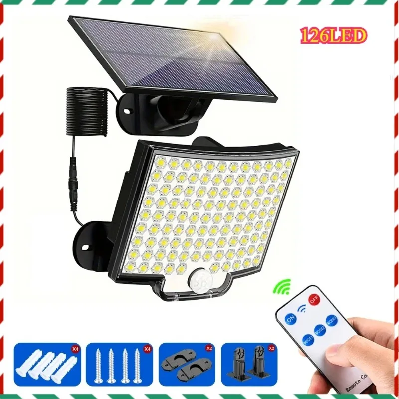 

126LED Solar Outdoor Lights Motion Sensor Remote Wall Flood Lamp Security Waterproof Patio Garden Garage Fence Pathway Lighting