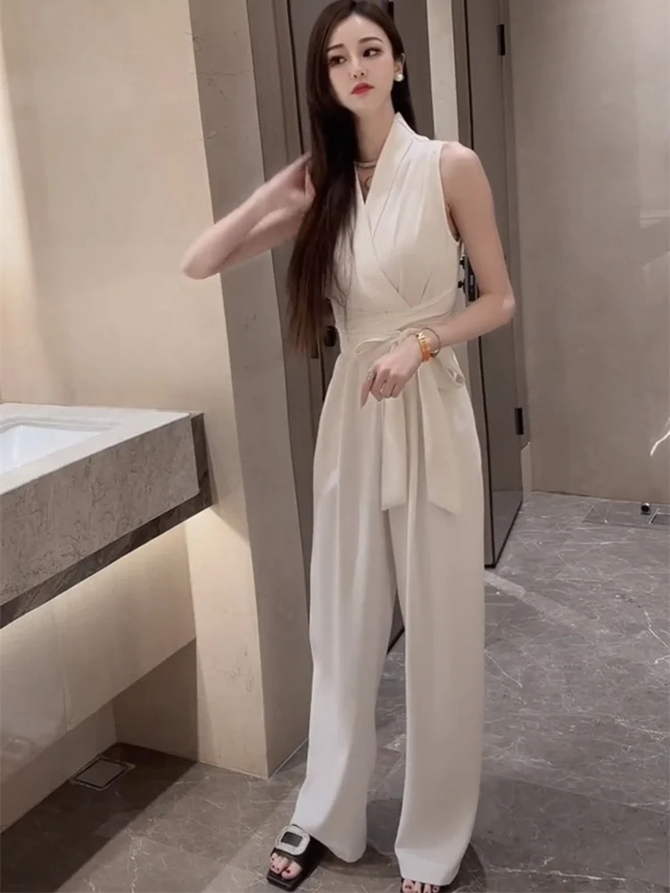 

Faionable Women's High Waist Wide Leg Jumpsuit Belted V-Ne Svel Summer New Arrival Ele Original Design One-Piece
