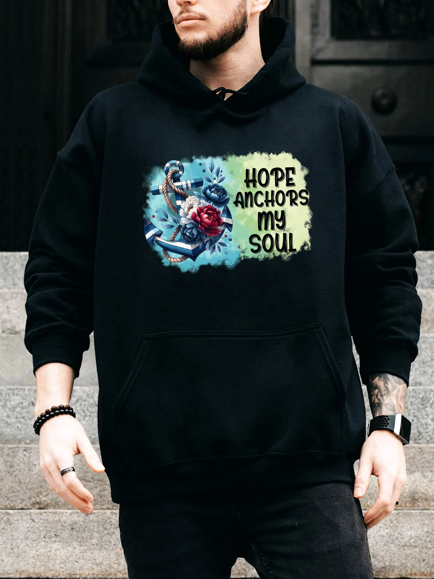 سترة بقلنسوة برباط للرجال من Splashed Hope Anchors My Soul - بلوفر أسود مريح كاجوال، سترة بقلنسوة للخريف والشتاء