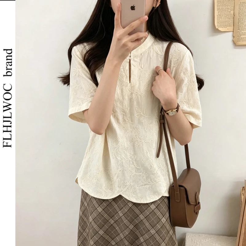 

Cotton Tops Blouses New 2026 Summer Cute Girls Short Sleeve Chinese Style Retro Button Vintage Stand Collar Embroidery Shirts