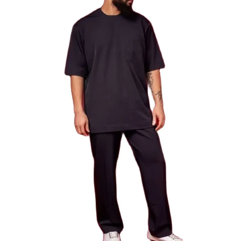 

Men's Black Set Tailor Made Short Sleeve Tops With Elastic Waist Pant Original Design Nigerian Styles Male Casual Outfits