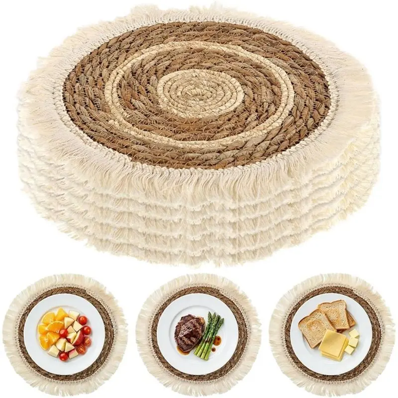 A76K Round Place Mat Set Of 8, 30 Cm, Boho Braided Cattail Placemats- Heat Resistant, Non-Slip,Handmade