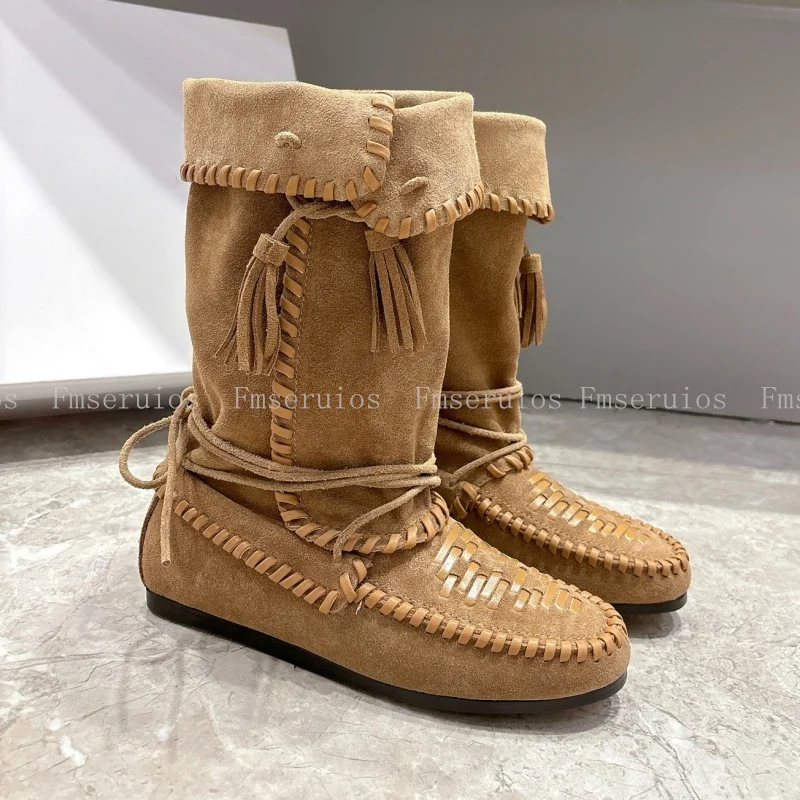 

Женские сапоги до середины икры, модные короткие сапоги из замши с круглым носком, дизайнерские сапоги в стиле вестерн с ткаными ремешками, осень-зима