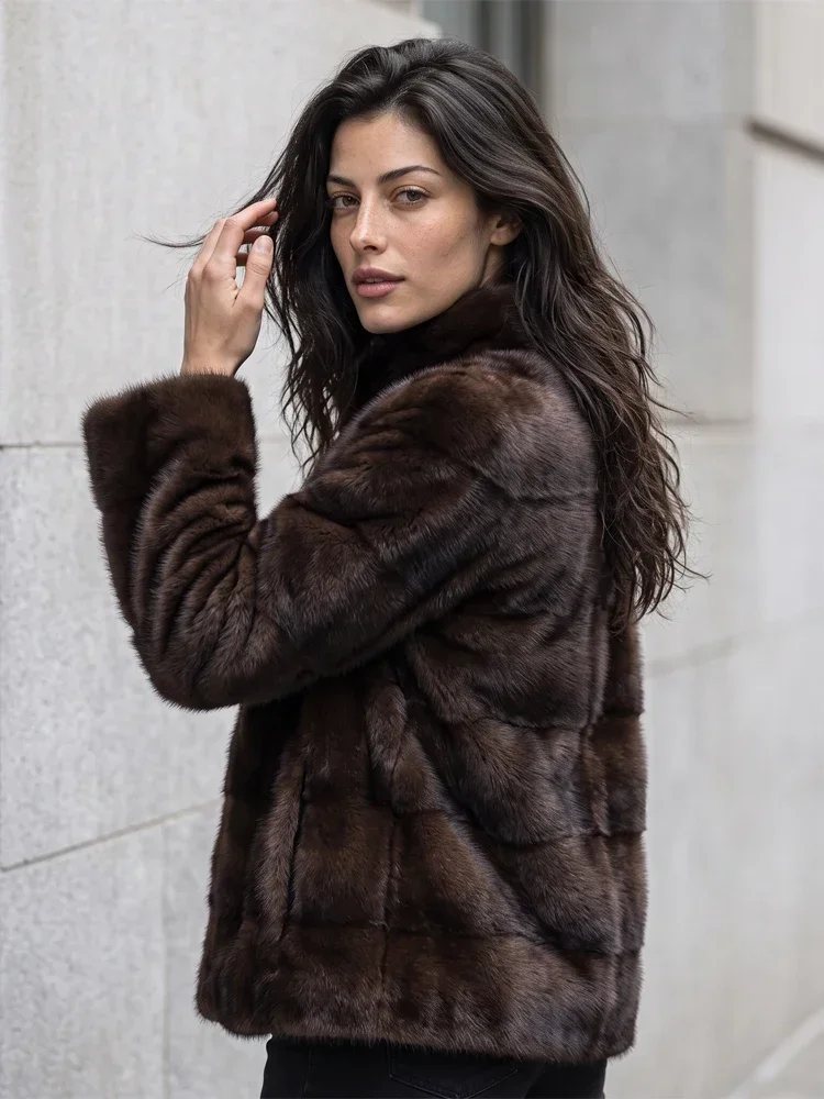 Women Mid Length Plush Faux Mink Fur Coat Stand Collar Horizontal Panel Thick Winter Jacket Soft Warm Elegant  Outer Garment