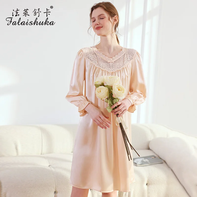 19 momme 100% Genuine Silk Night Dress Women Sleepwear Long sleeved V-neck elegant Nightgowns S5808