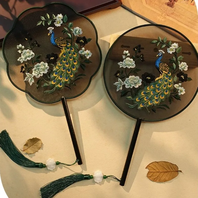 Chinese Double‑Sided Embroidery Round Hand Fan Vintage Palace Fan for Dance Performance Wedding Party Gift Home Decor
