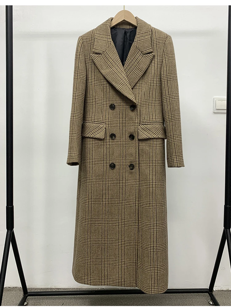 Long Suit Wool Woman clothing Winter Chic Lambskin Patchwork Long Sleeve Double Breasted One Side Tweed Jacket Female clothing