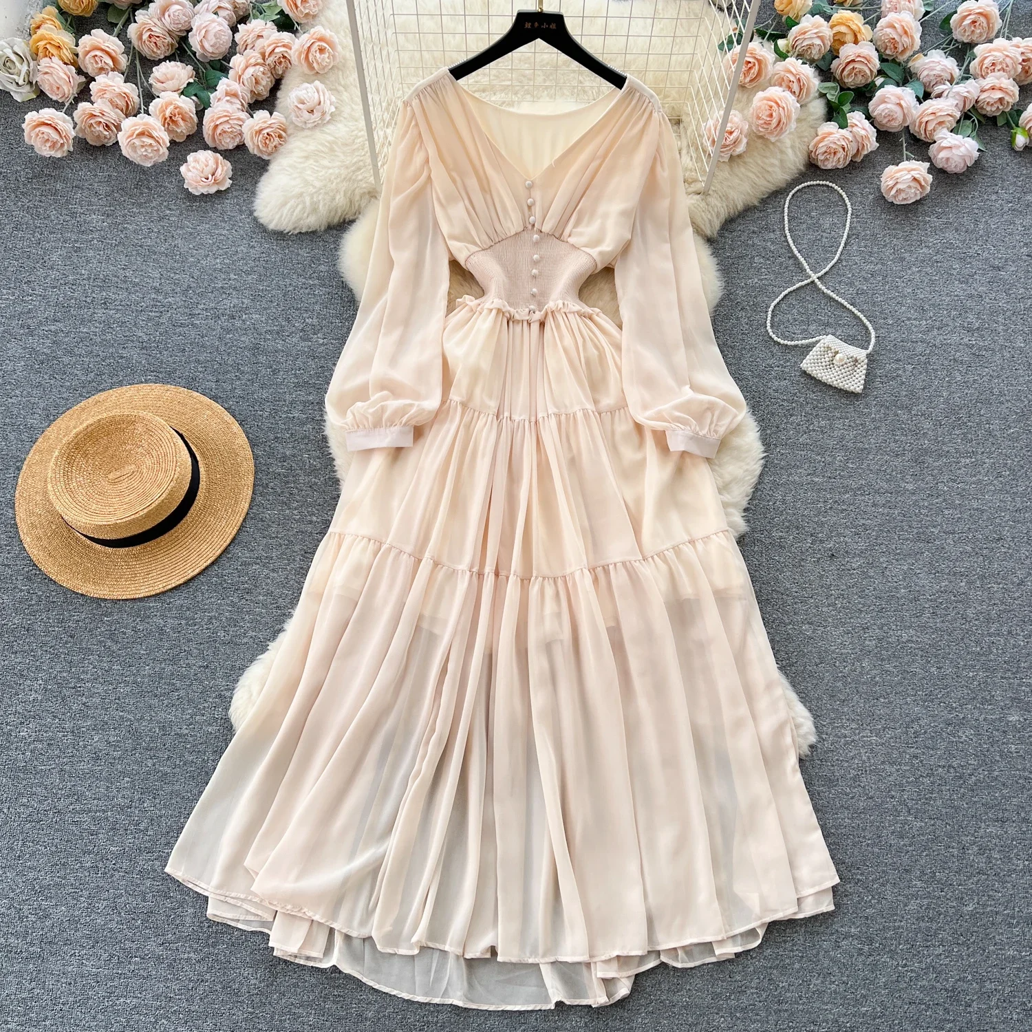 Retro Elegant V-Neck Long Sleeve Dress High Waist Slim A-line Chiffon Robe Skinny Temperament Sweet French Pleated Vestidos