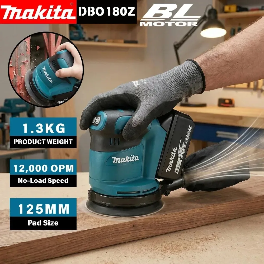 Makita DBO180Z 18V Wireless Brushless Orbital Sander Built Dust Collecting Bag For Carpentry Varnish Surface Refinishing Jobs