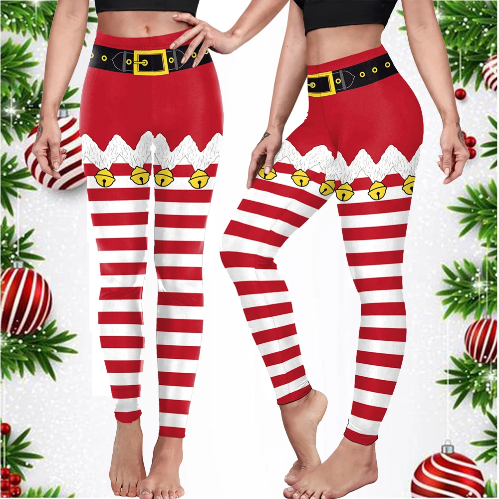 Zawaland nowe Xmas seksowne legginsy czerwony pasek damskie Spandex treningowe świąteczne bezszwowe legginsy Fitness z nadrukiem 3D