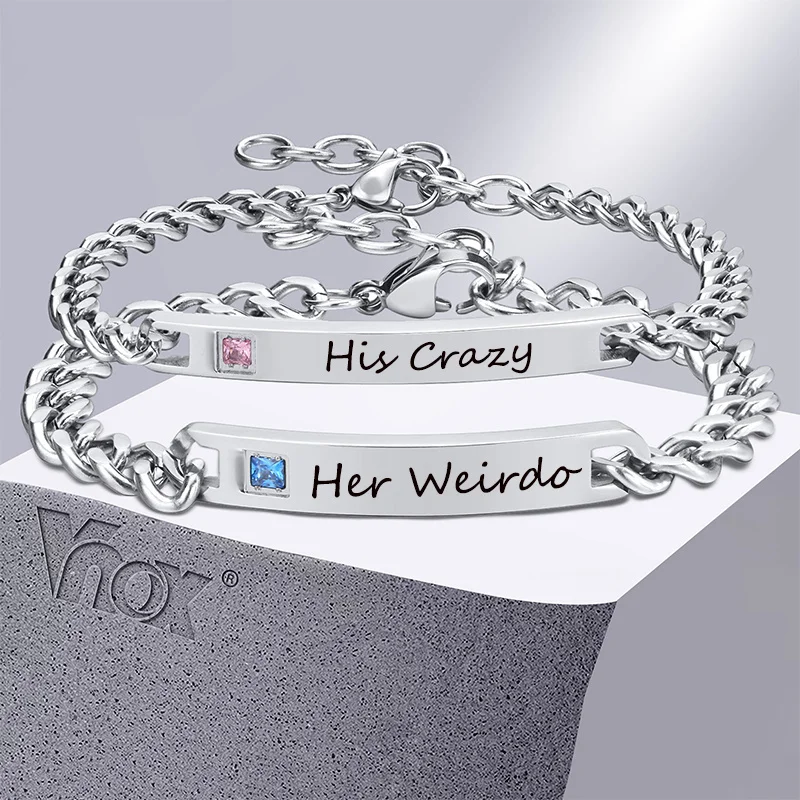 Vnox Free Custom His and Hers Nameplate ID Matching Couple Bracelets for Women Men,Never Fade Love Valentine\'s Day Gifts