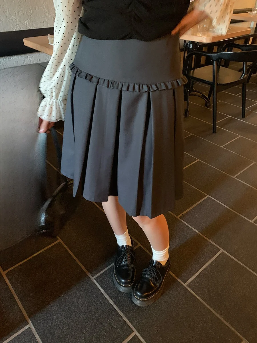 

High Waist A-Line Skirt with Pleats And Gathers Conceals Hip City Commute Polyester Cotton Blend College Style Half-length Skirt