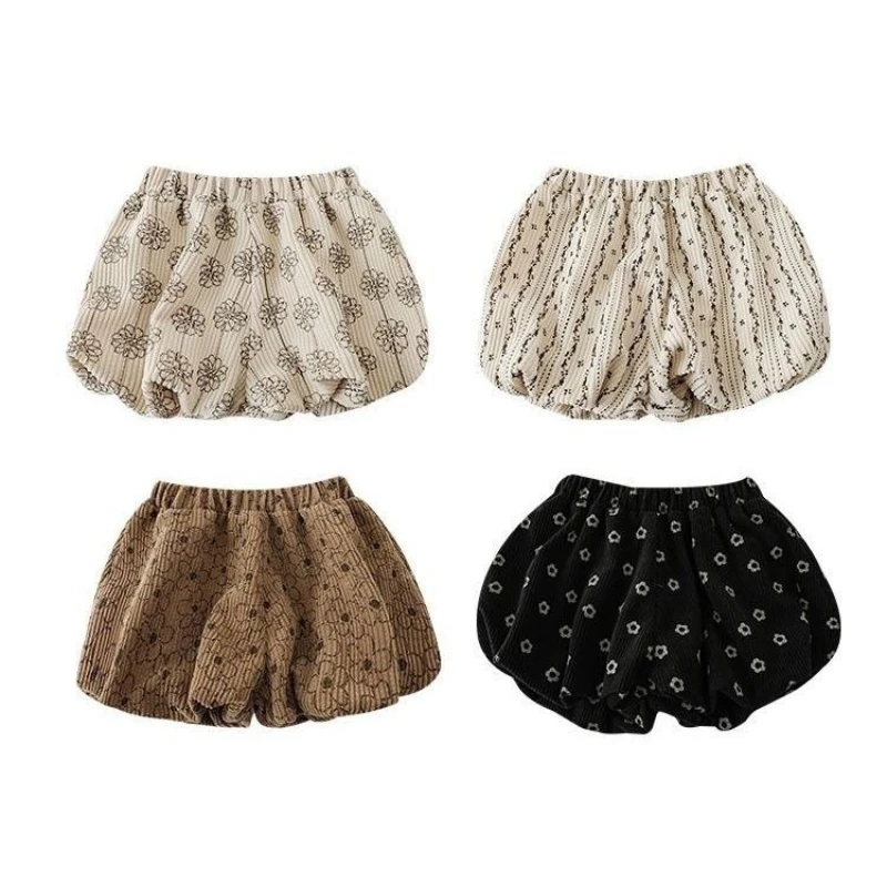 Kids Girl Floral Print Shorts Cute Velvet Bud Pants 2025 New Arrival Children Casual Lanterns Pants Autumn Winter Cotton Clothes