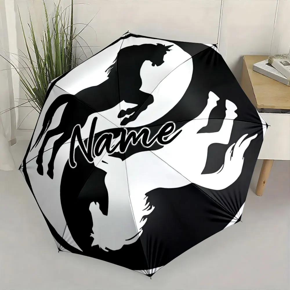 Custom Name Black and White Horse Design Umbrella Print 8 Iron Ribs Folding Umbrella, Auto-Open Fashion Sunshade
