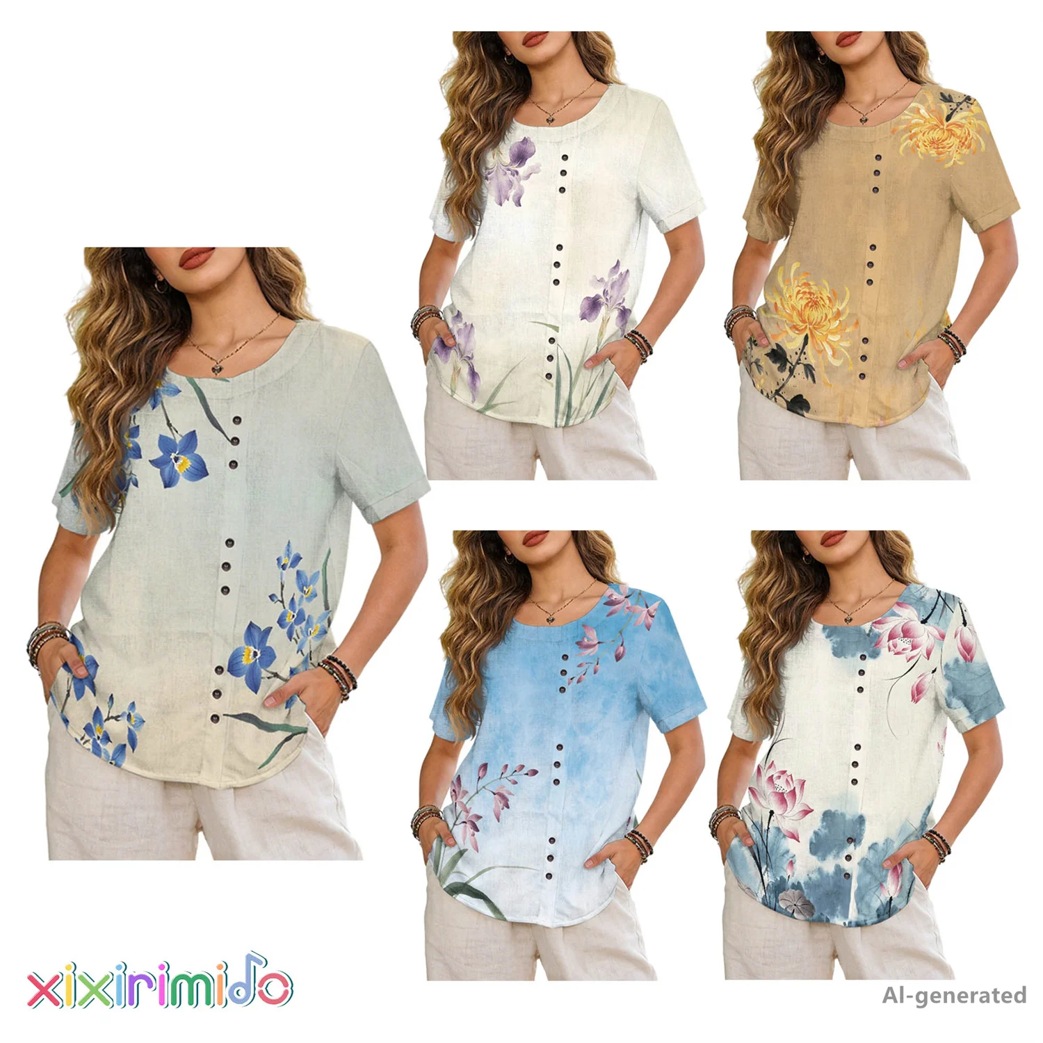 

XIXIRIMIDO 2026 Women's Summer O-neck Tops Linen Printed Fashionable Casual Street Style Short-Sleeve T-Shirt