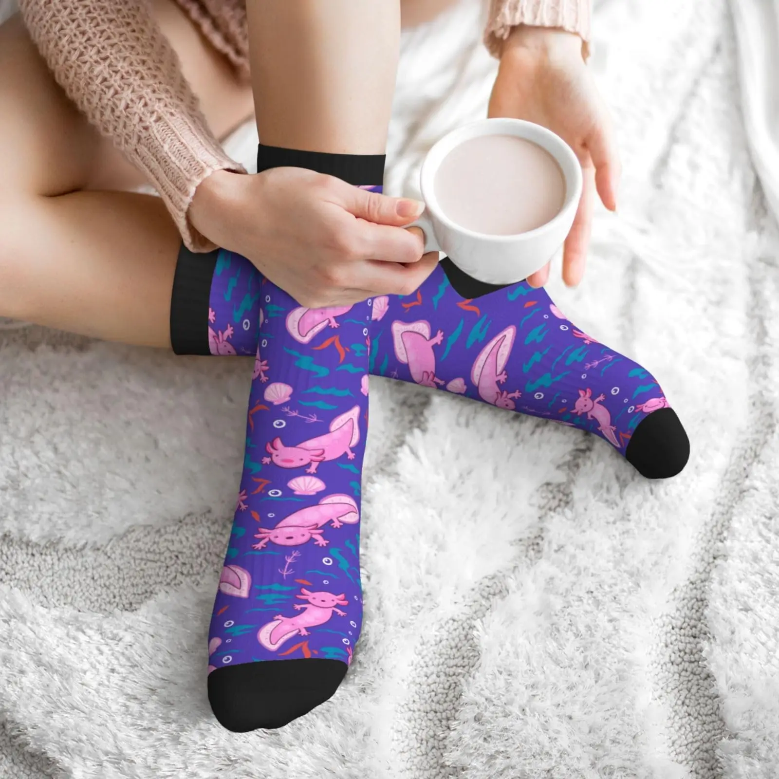 Pink and Purple Axolotl Funny Novelty Casual Crew Socks Gifts For Men Women