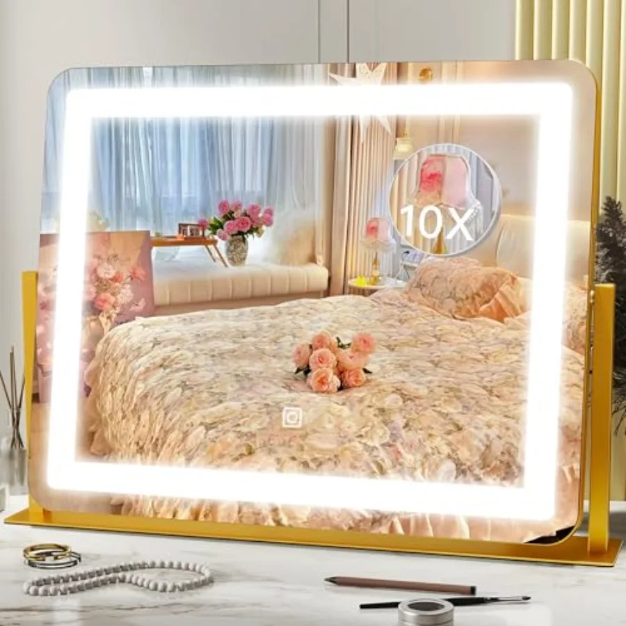 

Зеркало для макияжа с подсветкой 22"x17", большое настольное зеркало с регулируемой LED-подсветкой и 3 цветами сенсорного освещения
