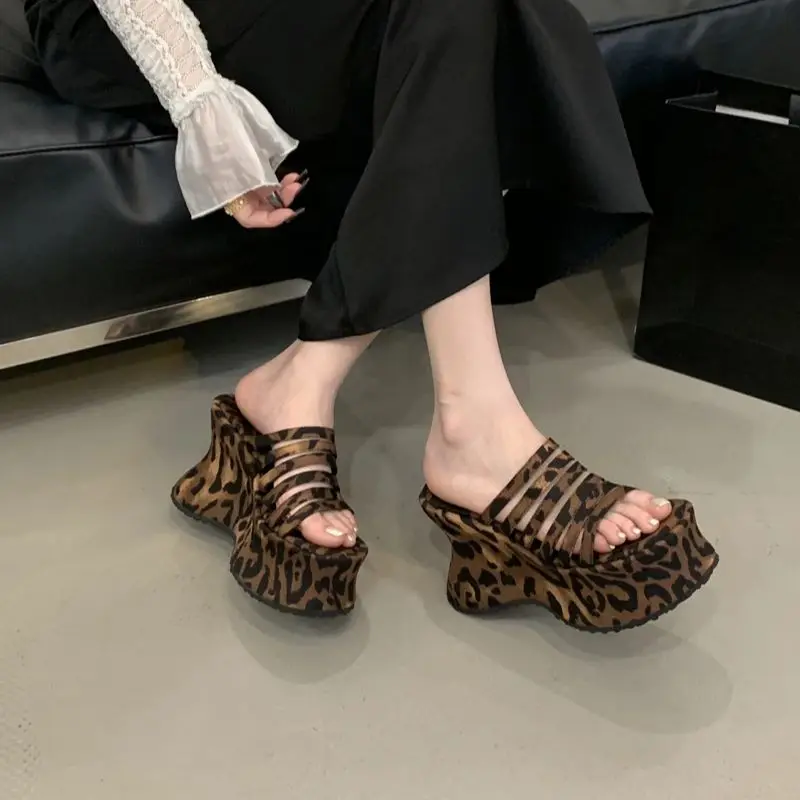 

11CM Chunky Heeled Slippers 6cm Platform Sandals Woman Leopard Bow Beach Shoes Summer Belt Wedge Heels Sandalen Damen