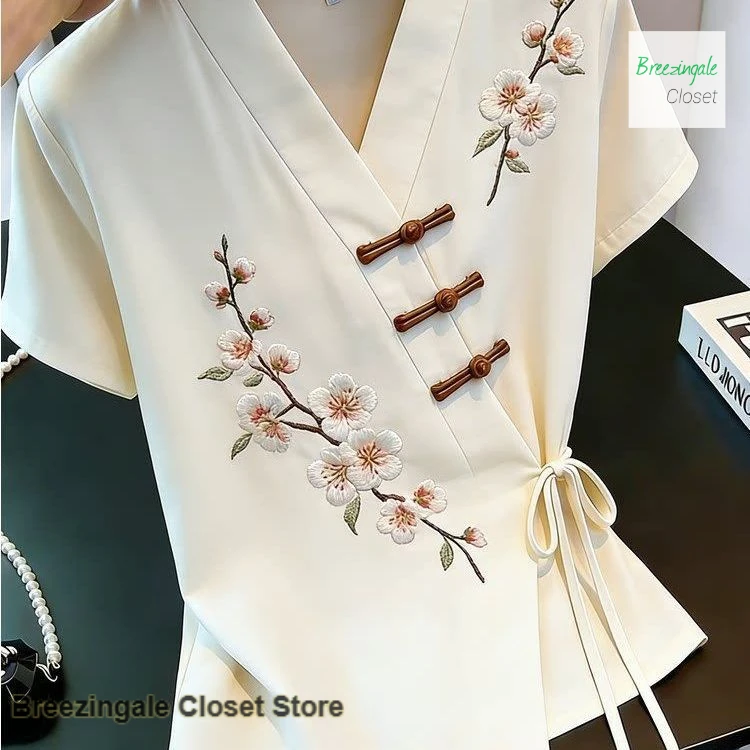 Chinese National Wind V-Neck Heavy Industry embroidery Improved Shirt Women's Summer Design with Diagonal Buckle Tie-Up Blouse