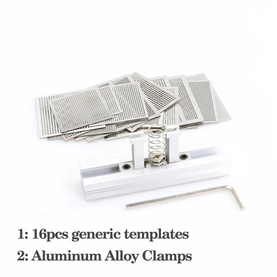 27pcs/16pcs/10pcs Universal Direct Heating BGA Stencil with Holder Template Holder Heated Fixture Reball Jig for SMT SMD Chips