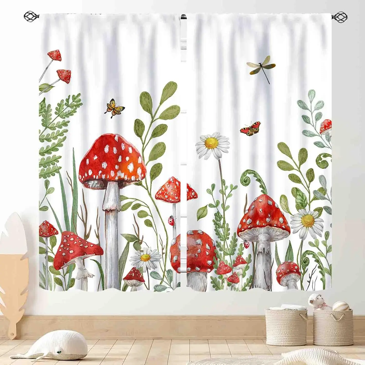 Watercolor Red Spotted Mushroom Daisy Butterfly Dragonfly Blackout Rod Pocket Curtain Green Plant Cute Kids Decor Bedroom Rest