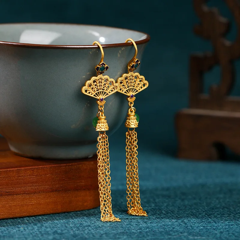 

Classical Chinese Style Folding Fan Style Long Tassel Copper Gold-plated Women's Earrings Retro Accessories
