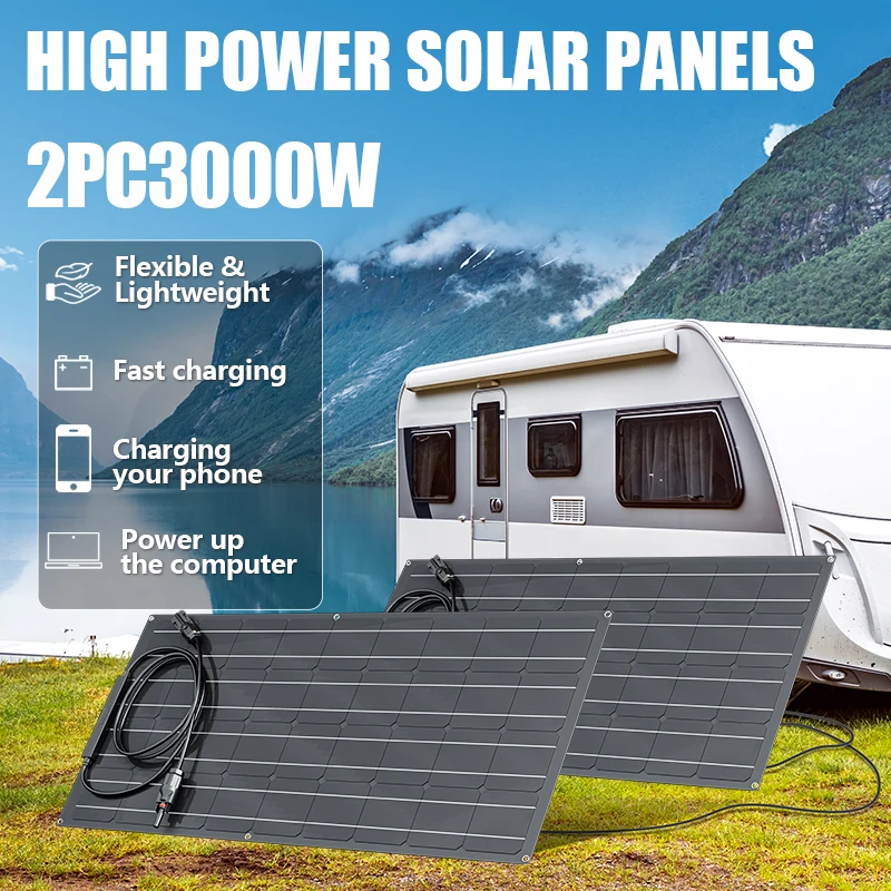 3000W Flexible Solar Panel ETFE High Efficiency - Portable Monocrystalline Charger for 12V Battery Home RV Camping Boat