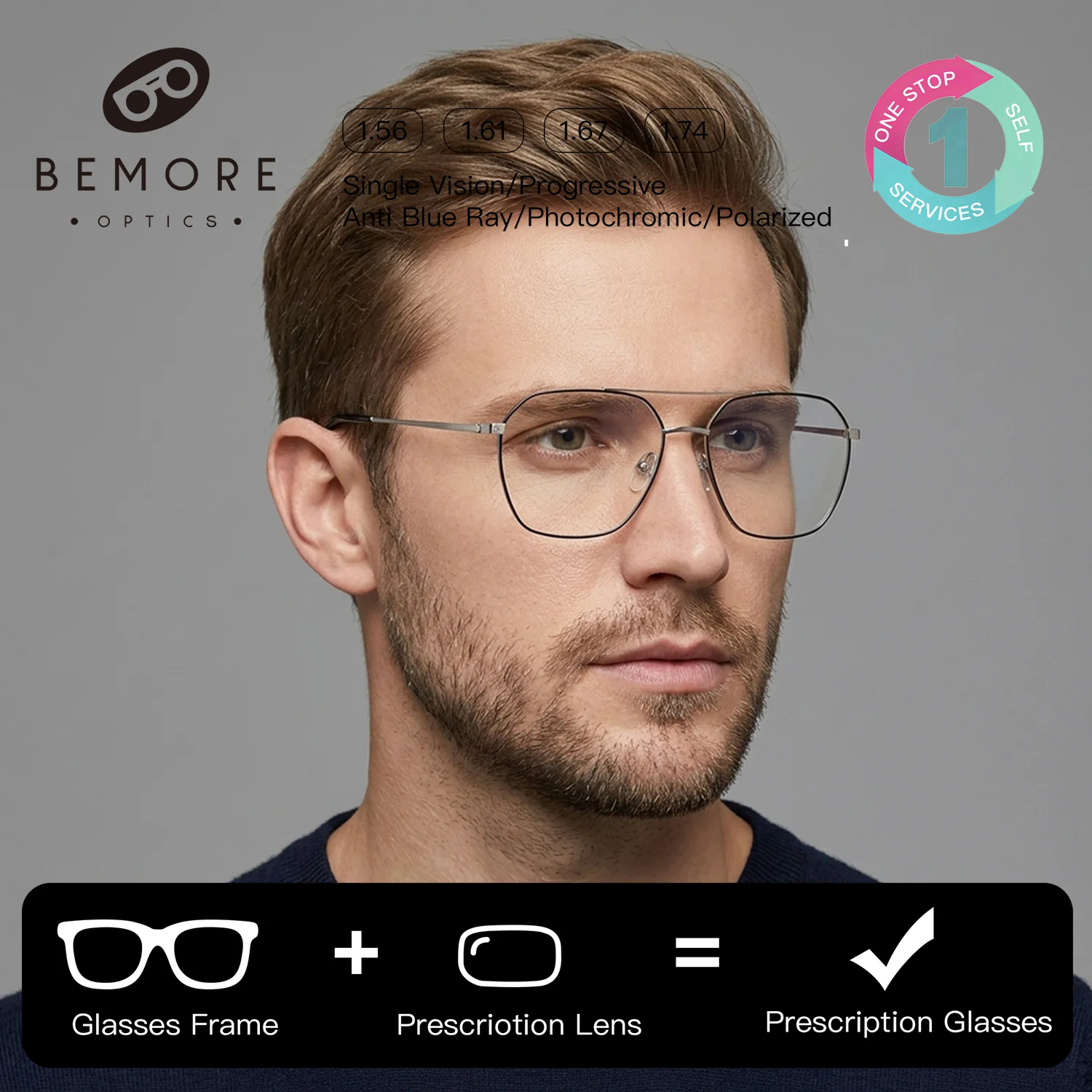 

BEMORE Square Prescription Glasses Men Alloy Photochromic Anti Blue Light Myopia Optical Lenses Medical Eyeglasses