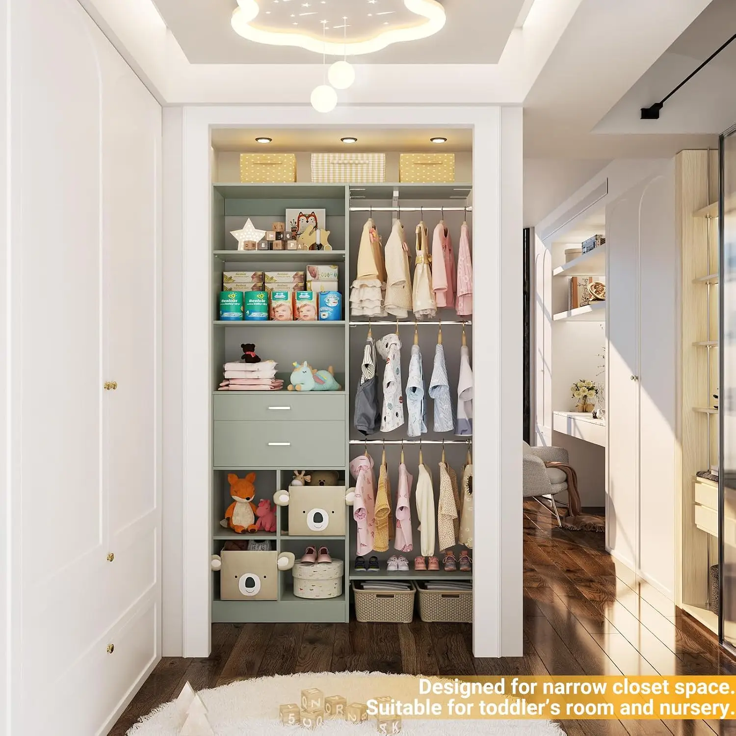 5FT Small Closet System, Baby Closet Organizer System with Wooden Drawers, 60 Inches Walk in Closet System with 5 Hanging Rods