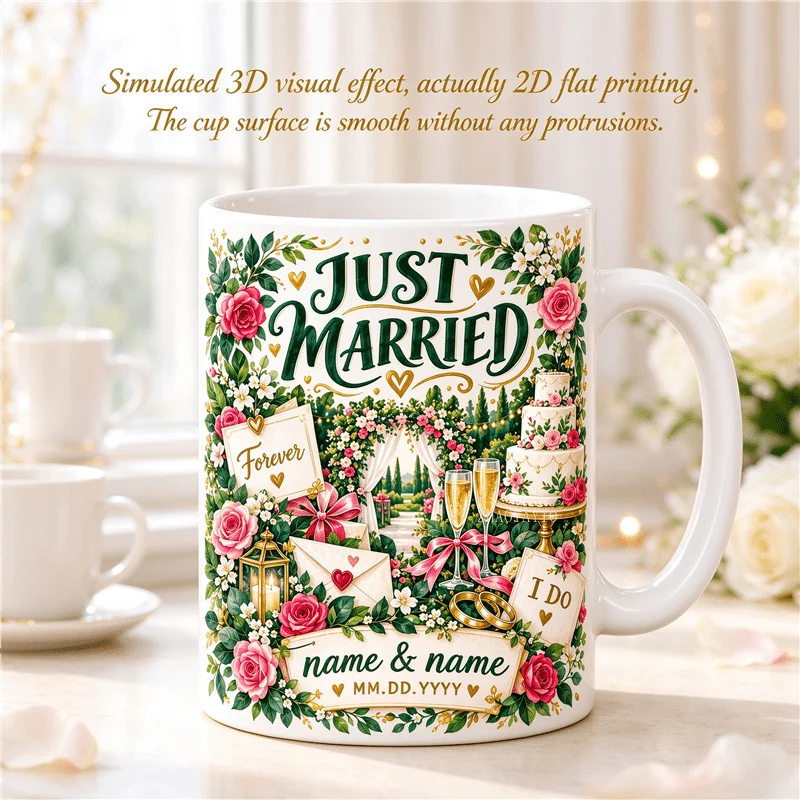 2D Flat Printing 1pc 11oz Personalized Newlywed Commemorative Mug, Wedding Anniversary, Wedding Home, Couple, Hand Wash Only
