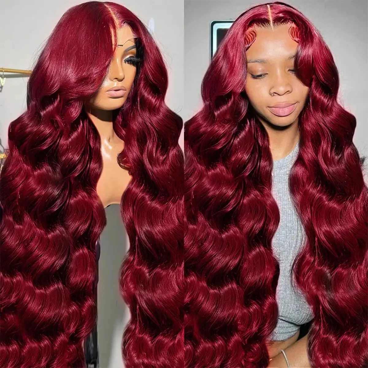 99J 200 Density Lace Front Human Hair Wigs Burgundy Colored Loose Body Wave Wig  13x6 HD Transparent Lace Frontal Wig 30  Inch