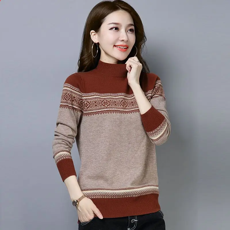 Women\'s Knitting Half High Neck Pullovers Top Long Sleeve All-match Contrast Short Sweaters Vintage Fashion Casual Clothing