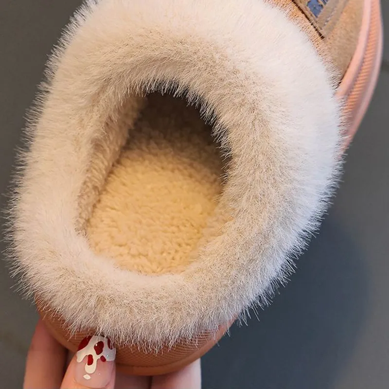 Solid Furry Children Slippers Winter PU Warm Plush Indoor Slippers For Kids Soft Bottom Boys Girls Floor Shoes