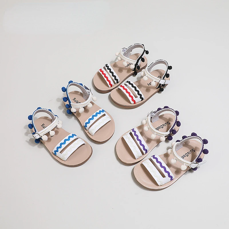 Girls Sandals Ethnic Style Open-toe Children Beach Shoes 2024 Summer Soft Sole Casual Kids Shoes Princess Non-slip Flat Sandals