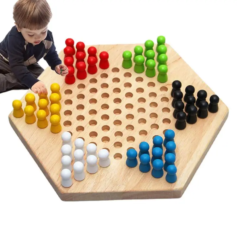 Chinese Checker Game Set Wooden Educational Board Kids Classic Halma Chinese Checkers Set Strategy Family Game Pieces Backgammon