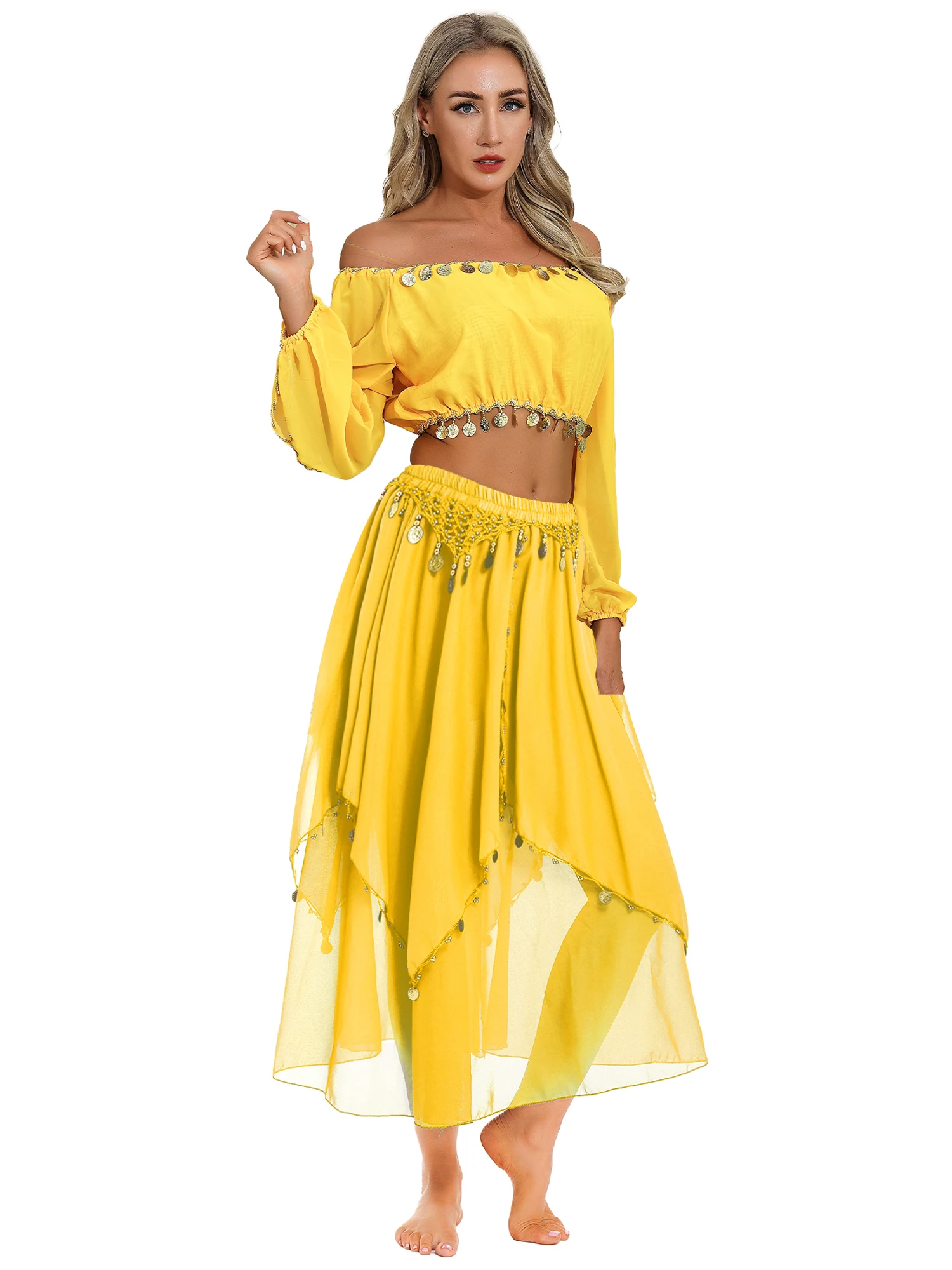 Women Orient Dancewear Indian Princess Costume Belly Dance Outfit Sets Off Shoulder Long Puff Sleeve Crop Top And Chiffon Skirt