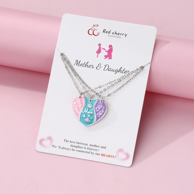 3PCS Mom Big Sister Little Sister Matching Heart Pendant Necklaces, Mother Daughters Jewley Set, Mothers Day Gifts for Mom Girls