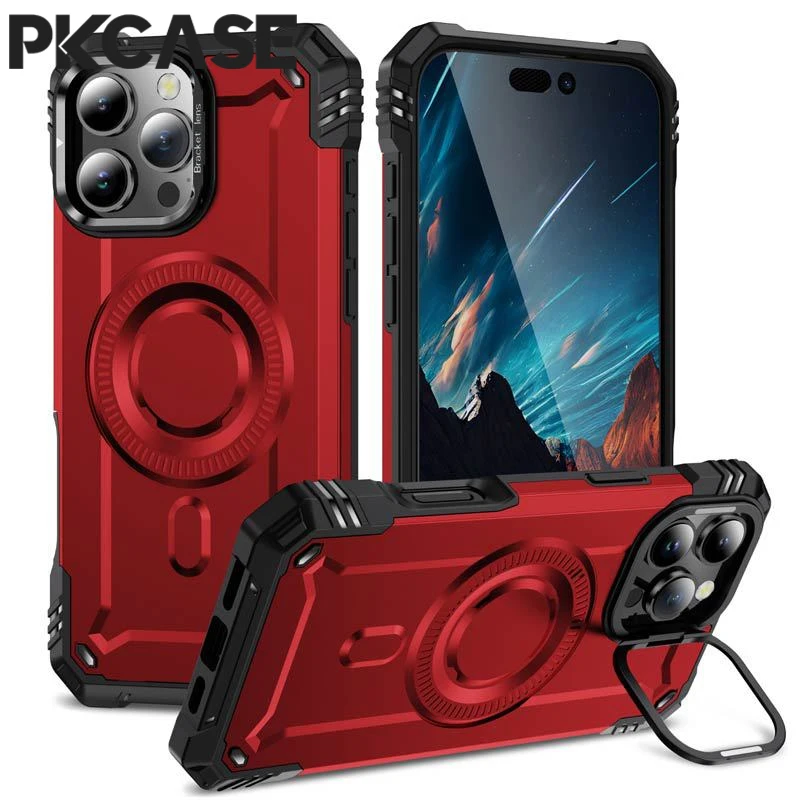 

PKCASE Military Shockproof Bracket Case For iPhone 16 15 14 Plus 13 12 Pro Max For Magsafe Magnetic Armor Cover For iPhone 11