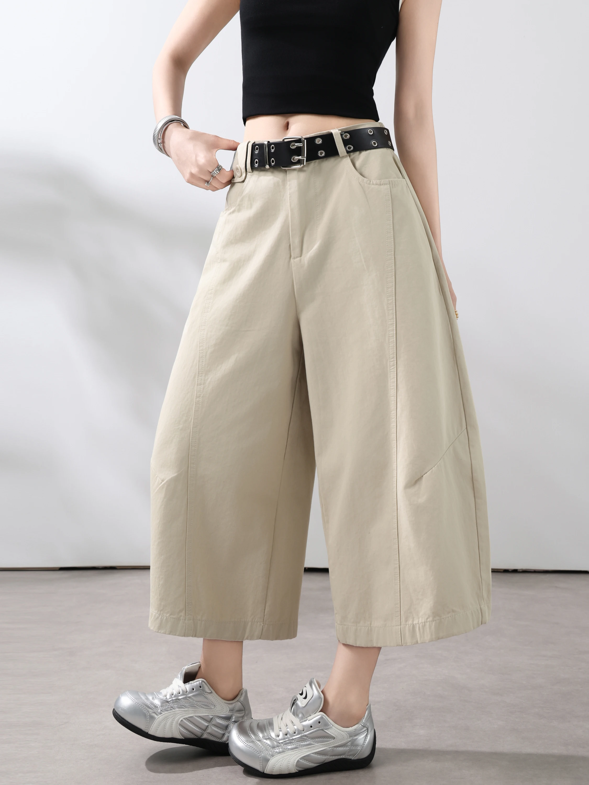  Cotton Casual Pants Women Summer Small Size Elastic Wide Leg Loose Slimming High Waist Knife Pants Versatile Casual Tr...