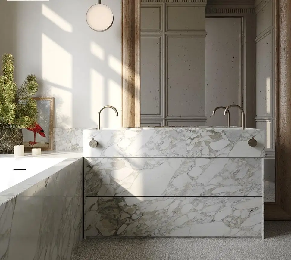 Durable Rectangular Design for Villa Home Use Modern Luxury Calacatta Viola Marble Pedestal Washbasin Bathroom Sink