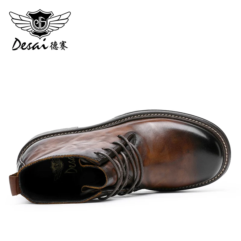 Desai [Wool vintage leather boots] Autumn and Winter warm thick fleece high top boots leather casual men\'s work boots