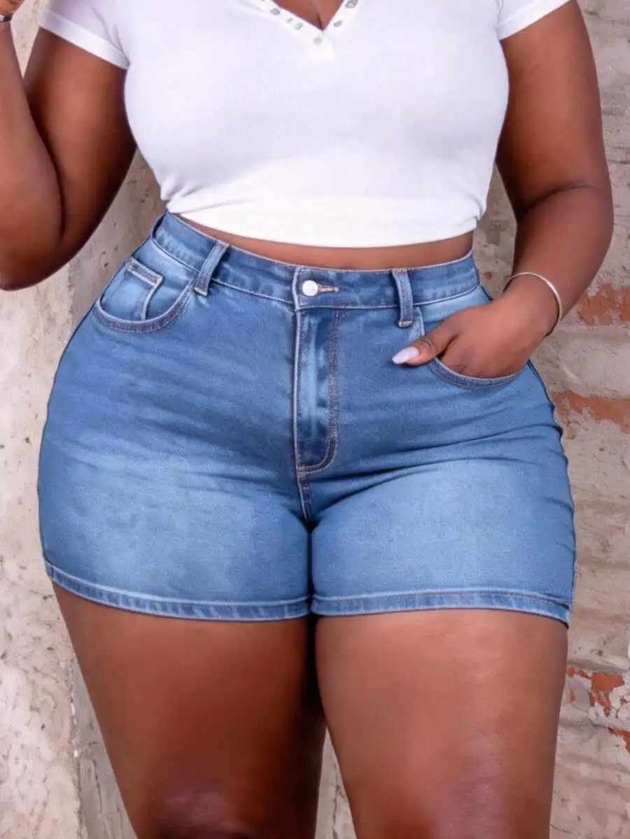 

Plus Size Blue Denim Shorts Women Casual Stretch High Waist Summer Shorts